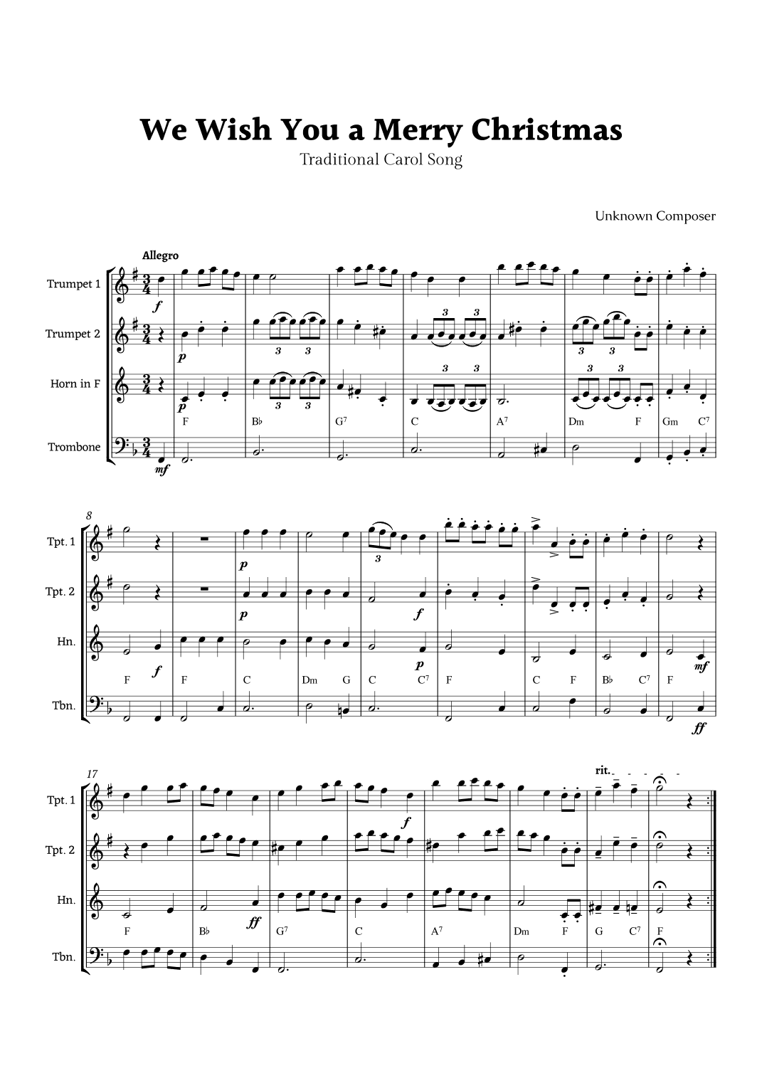 We Wish you a Merry Christmas for Brass Ensemble Quartet with Chords (arr. Rika K.)