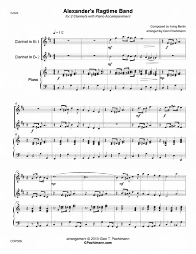 ALEXANDER'S RAGTIME BAND for 2 CLARINETS with Piano Accompaniment (arr. Glen Poehlmann)