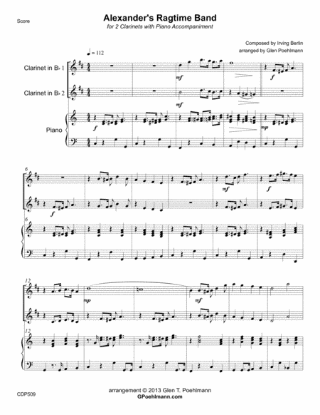 ALEXANDER'S RAGTIME BAND for 2 CLARINETS with Piano Accompaniment (arr. Glen Poehlmann)