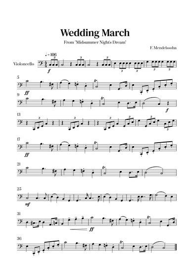 Felix Mendelssohn - Wedding March From Midsummer Night's Dream for Cello Solo (arr. Cadenza Editions)
