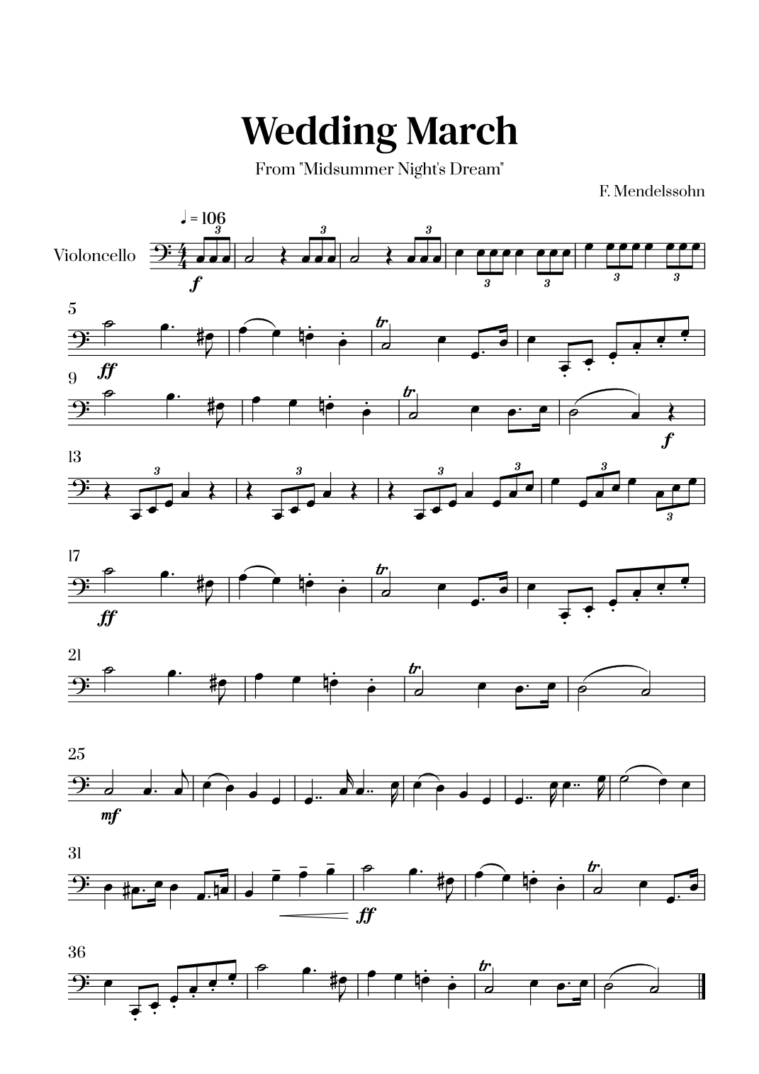 Felix Mendelssohn - Wedding March From Midsummer Night's Dream for Cello Solo (arr. Cadenza Editions)