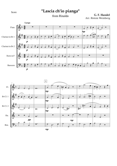 Lascia ch'io pianga, Aria from the opera "Rinaldo" (Fl,Cl,Cl,Hn,Bsn) (arr. Rotem Weinberg)