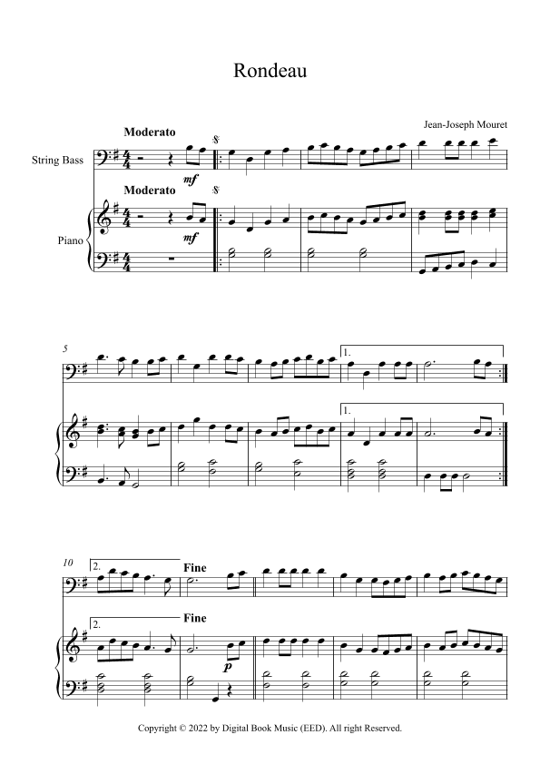 Rondeau - Jean-Joseph Mouret (String Bass + Piano) (arr. Digital Book Music)