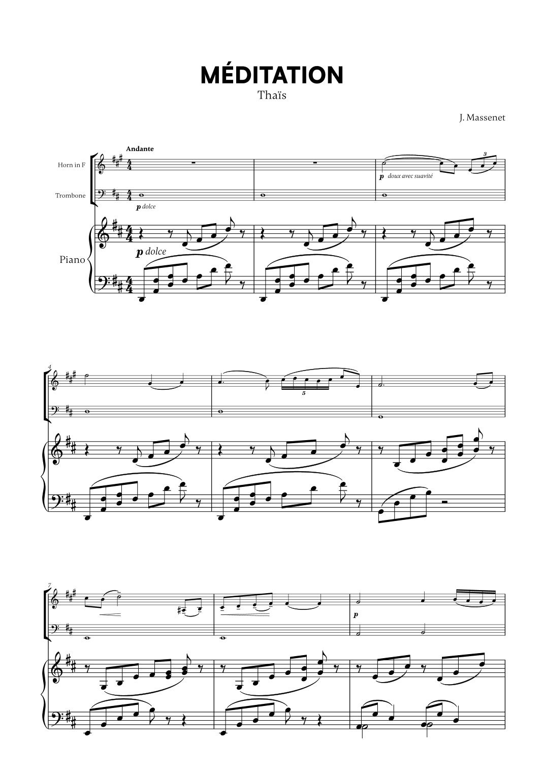 Jules Massenet - Thai¨s Meditation (for French Horn, Trombone and Piano) (arr. Cadenza Editions)