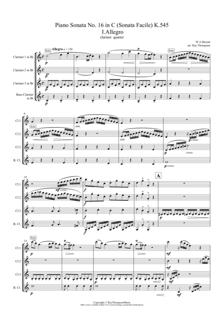 Mozart: Piano Sonata No.16 in C (Sonata Facile) K545 Mvt.I Allegro - clarinet quartet (arr. Ray Thompson)