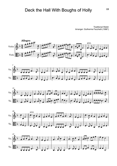 Deck the Hall With Boughs of Holly - Arranged for Violin and Viola. (arr. Guilherme Facchetti)