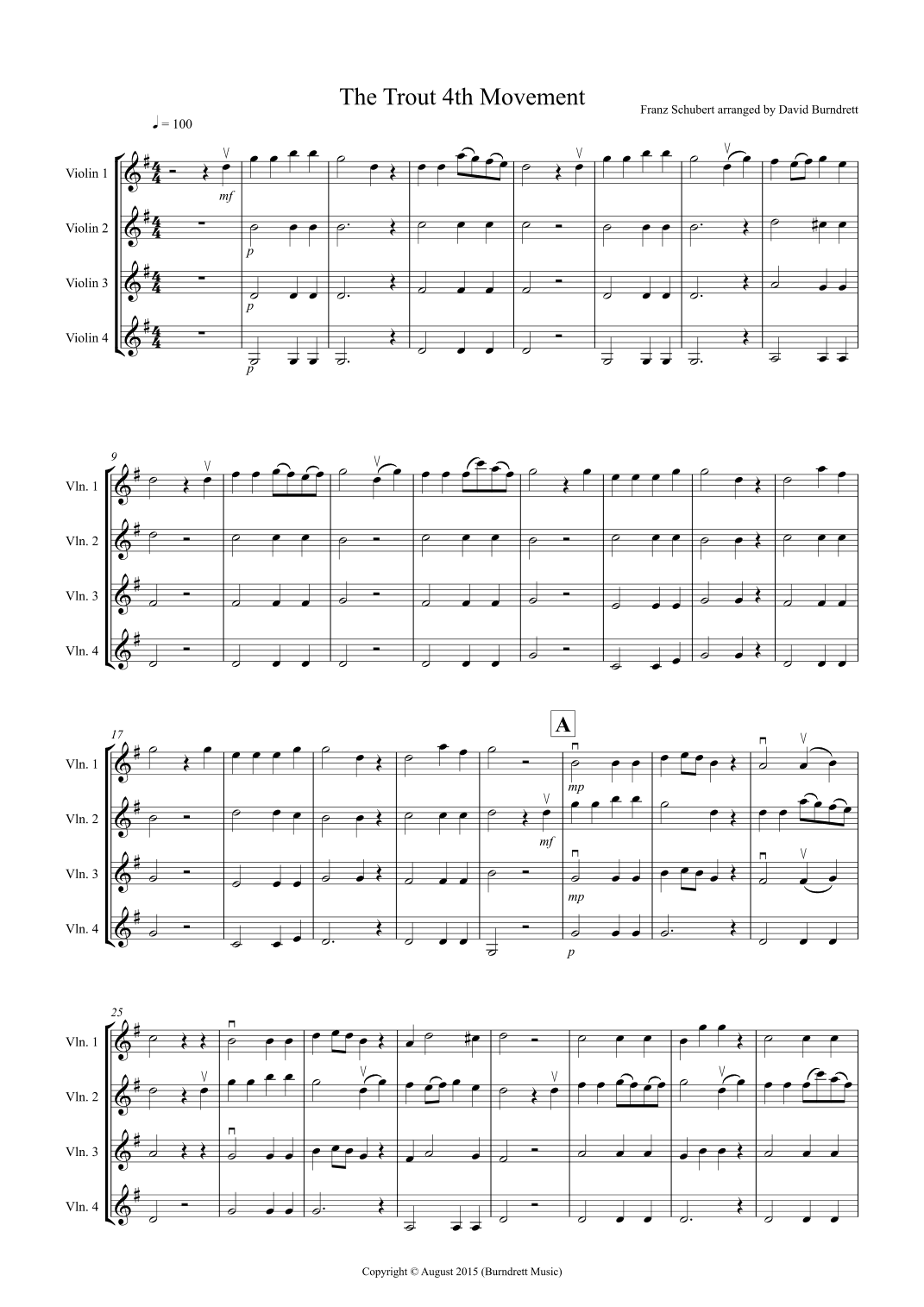 The Trout (4th Movement) for Violin Quartet (arr. David Burndrett)