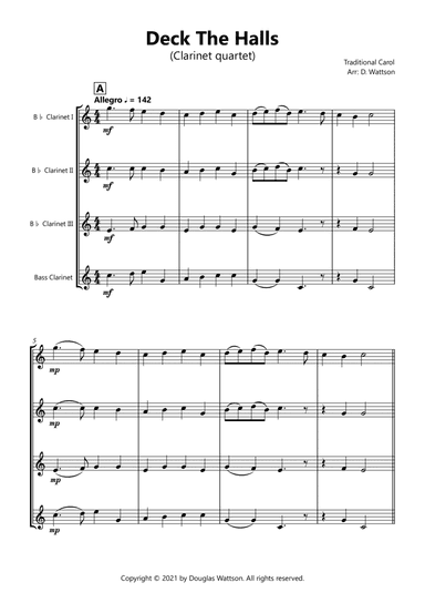 Deck The Halls for clarinet quartet (arr. Douglas Wattson)