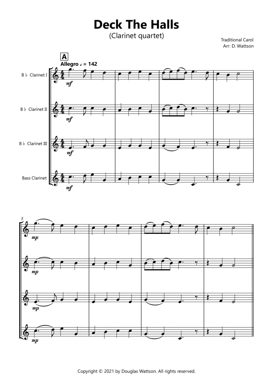 Deck The Halls for clarinet quartet (arr. Douglas Wattson)