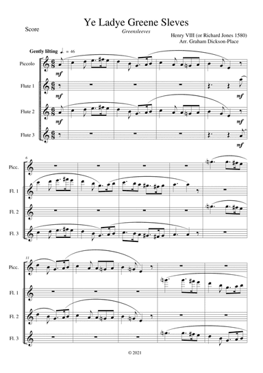 Greensleeves (Ye Ladye Greene Sleves) - Arranged for Flute Quartet by Graham Dickson-Place (arr. Arranged by Graham Dickson-Place)