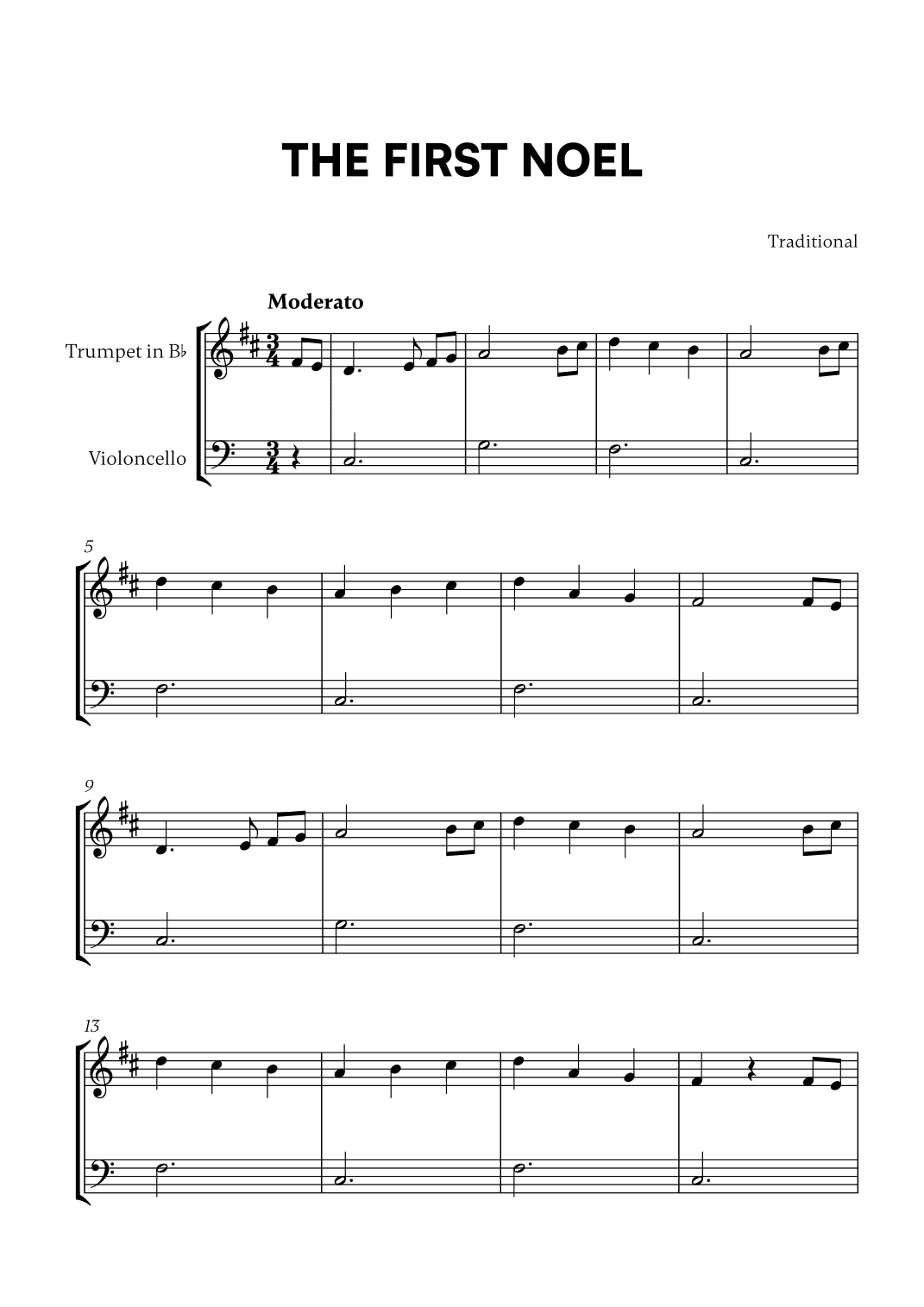 Traditional - The First Noel (for Trumpet in Bb and Cello) (arr. Cadenza Editions)