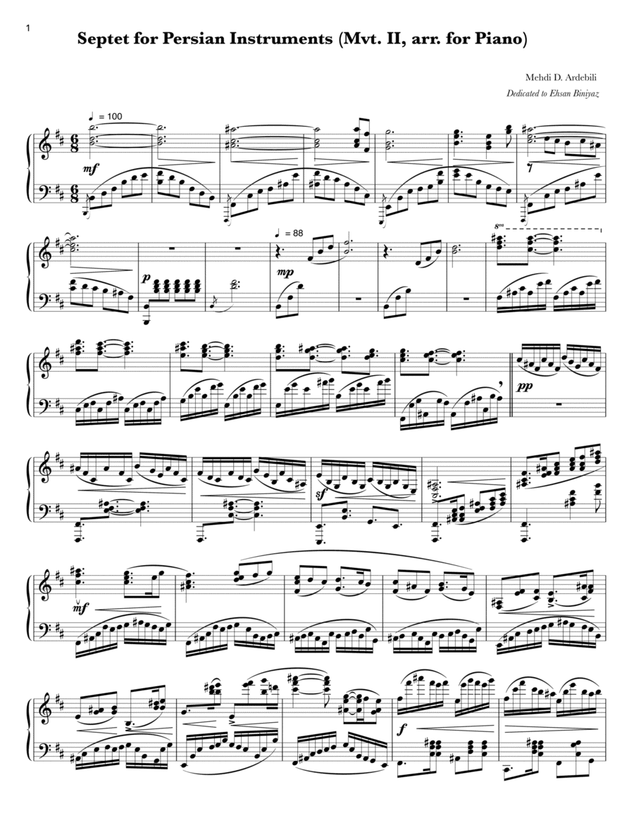 Septet for Persian Instruments (Mvt. II, arr. for Piano)