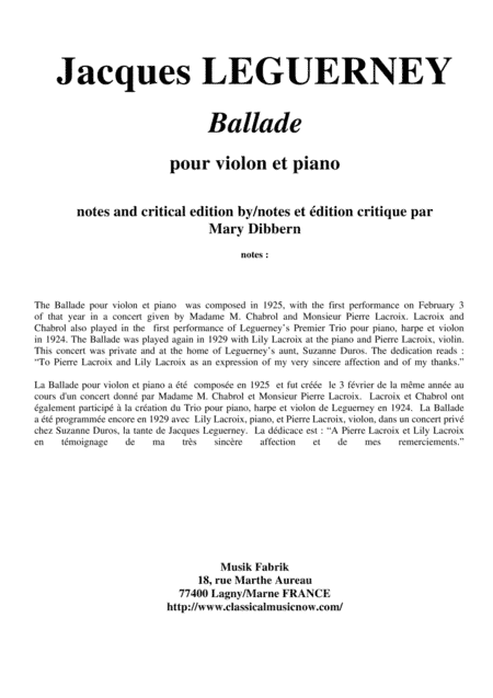 Jacques Leguerney: Ballade for violin and piano