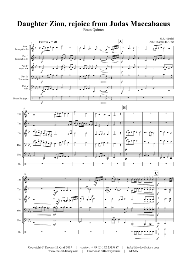 Daughter Zion, rejoice from Judas Maccabaeus - Choral & Shuffle - Brass Quintet (arr. Thomas Graf)