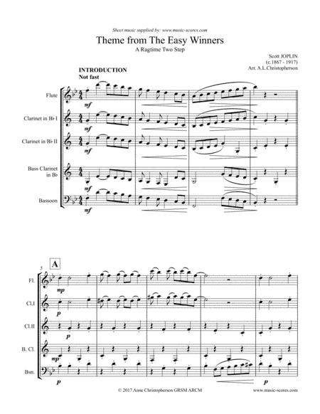 The Easy Winners Theme - Flute, 2 Clarinets, Bass Clarinet and Bassoon (arr. Music-Scores.com)