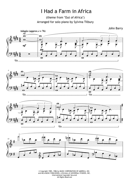 I Had A Farm In Africa (main Title) (arr. Sylvina Tilbury)