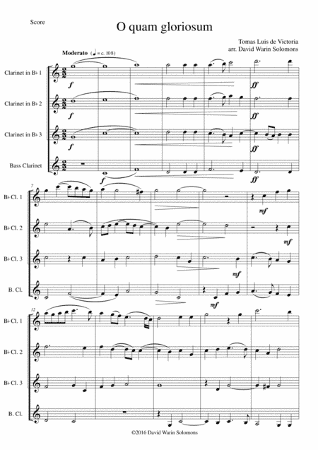 O quam gloriosum (Oh how glorious) for clarinet quartet (3 B flats and 1 Bass) (arr. David Warin Solomons)
