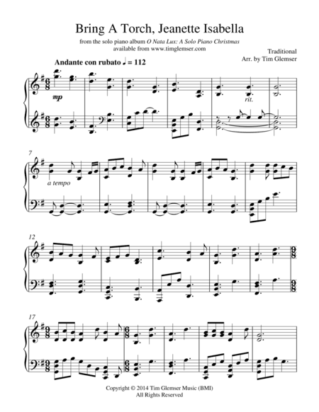 Bring a Torch, Jeanette Isabella (arr. Tim Glemser)