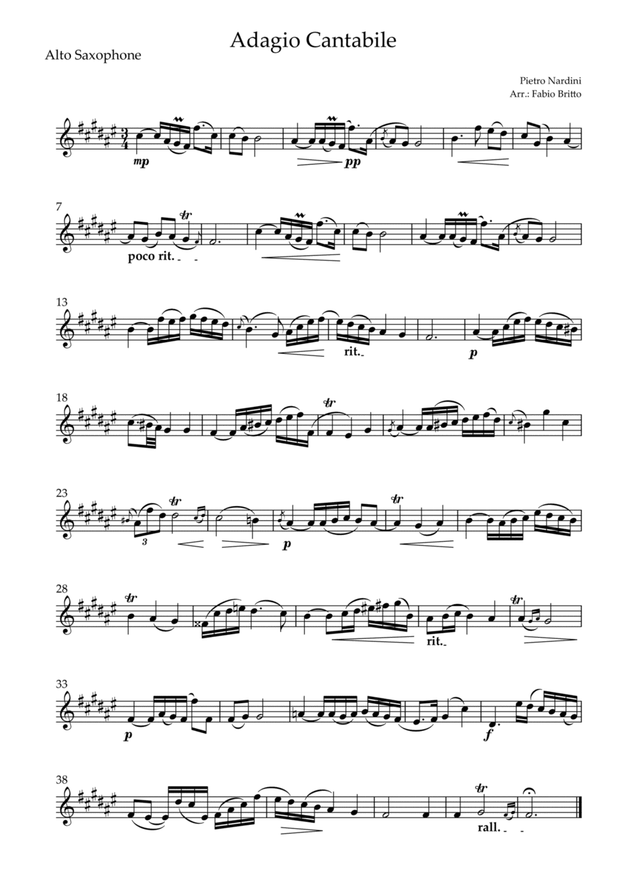 Adagio Cantabile (P. Nardini) for Alto Saxophone Solo (arr. Fabio Britto)
