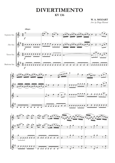 Divertimento N° 1 K. 136  for Saxophone Quartet (arr. Diego Marani)