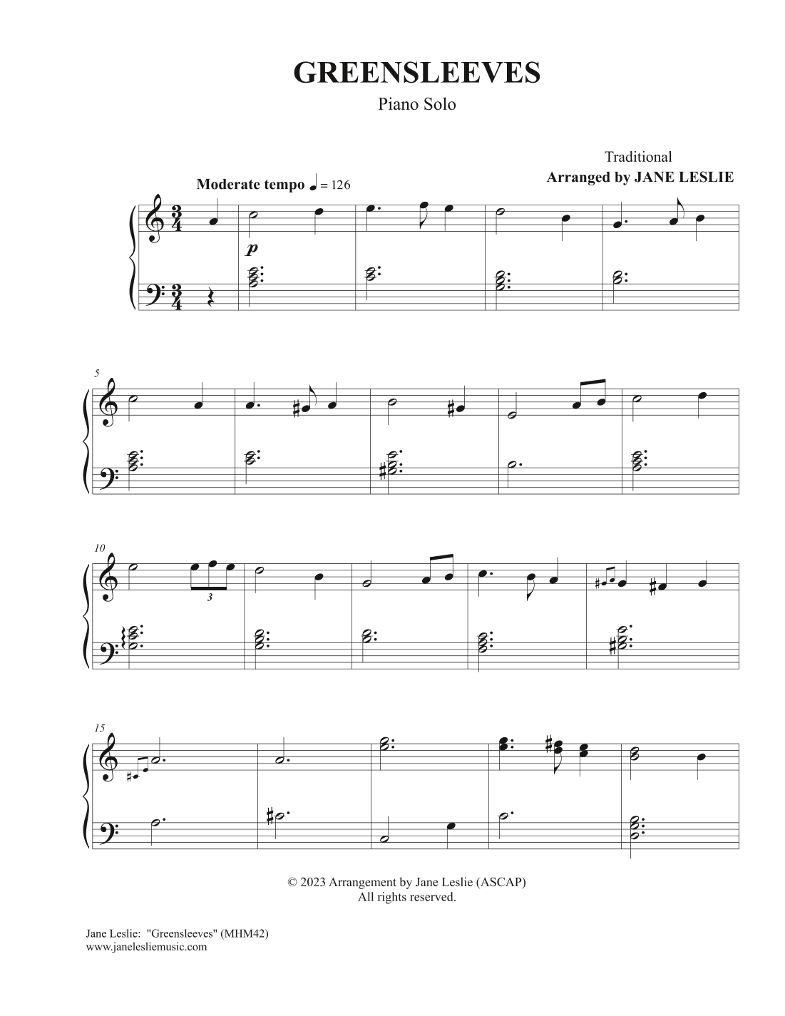 GREENSLEEVES - piano arrangement by Jane Leslie (arr. Jane Leslie)