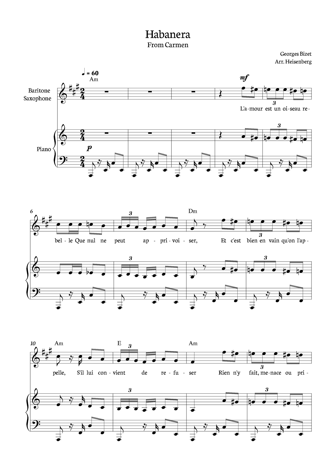 Habanera from Carmen for Baritone Saxophone with piano and chords. (arr. Heisenberg)