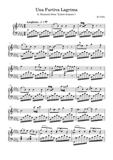 Una Furtiva Lagrima Piano Solo Arrangement (arr. M. Galka)