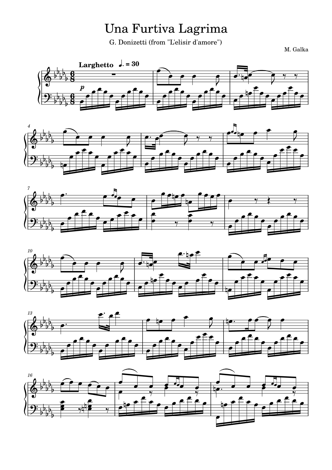 Una Furtiva Lagrima Piano Solo Arrangement (arr. M. Galka)