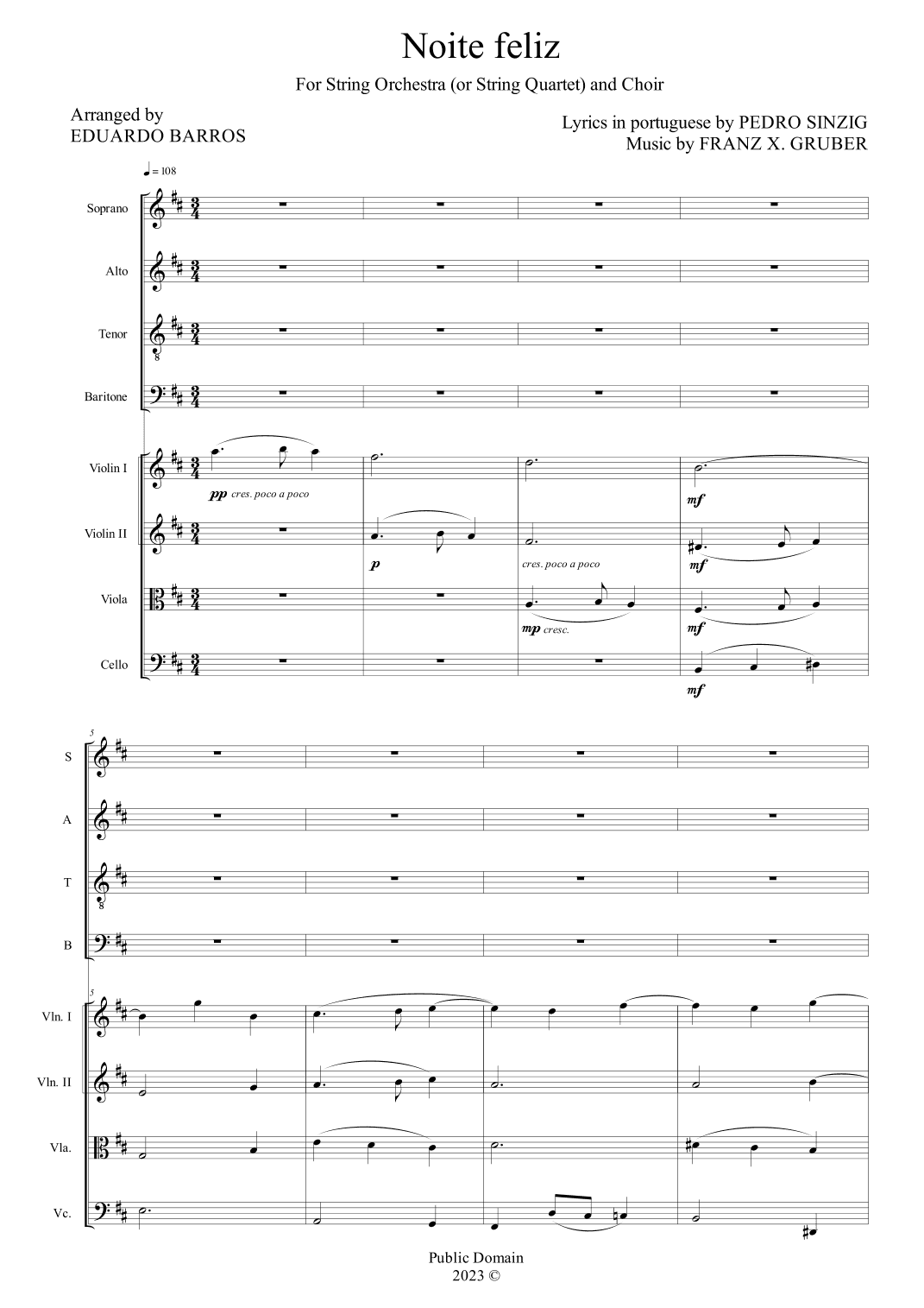 Noite Feliz - Para Coro e Quarteto de Cordas (Orquestra de Cordas) (arr. Eduardo Barros)