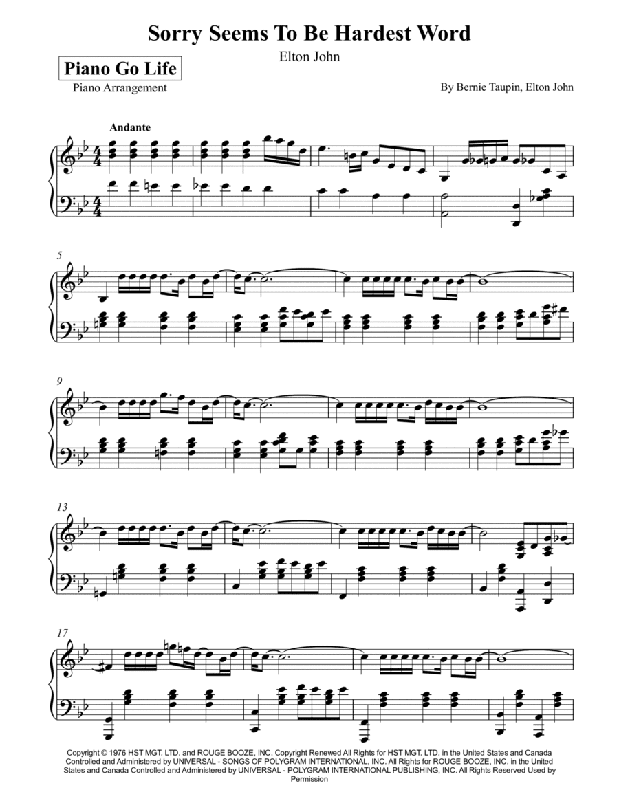 Sorry Seems To Be The Hardest Word (arr. Piano Go Life)