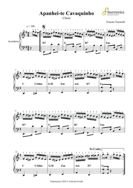 Apanhei-te Cavaquinho - Ernesto Narazeth | Sheet Music for Accordion and Piano (arr. Estevão Ewald)