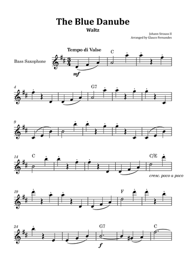 The Blue Danube - Bass Saxophone Solo with Chord Notations (arr. Glauco Fernandes)