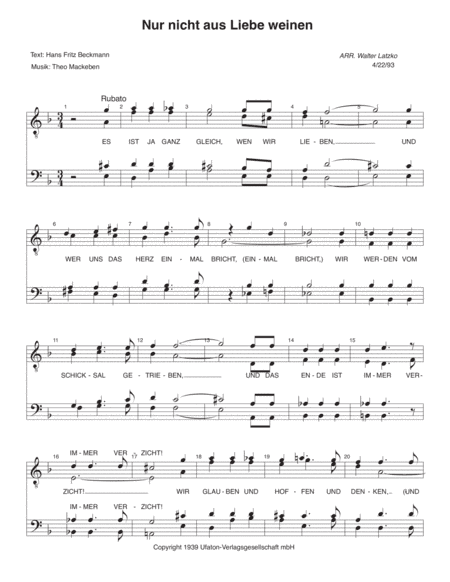 Nur Nicht Aus Liebe Weinen (arr. Walter Latzko)