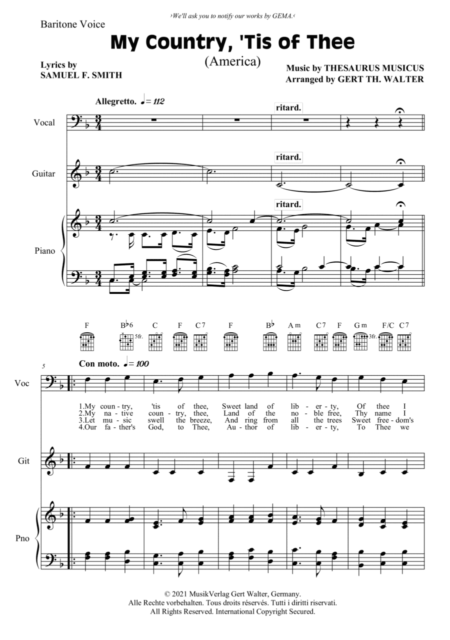 My Country, 'Tis Of Thee (America) (arr. Gert Th. Walter)