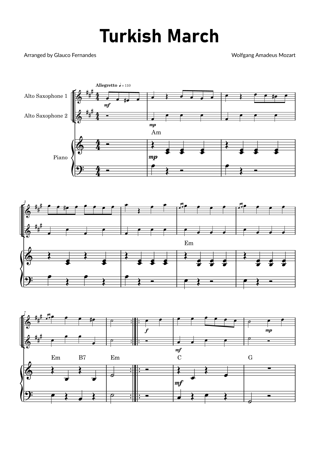 Turkish March by Mozart - Alto Saxophone Duet with Piano and Chord Notations (arr. Glauco Fernandes)