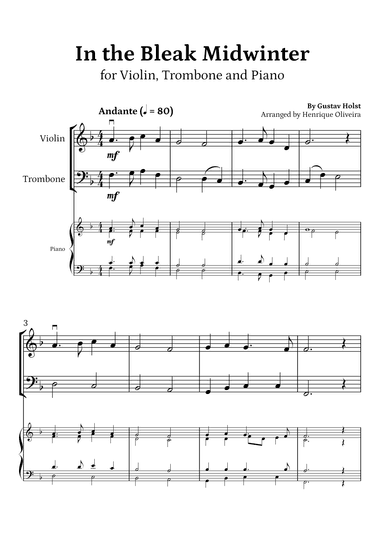 In the Bleak Midwinter (Violin, Trombone and Piano) - Beginner Level (arr. Henrique Oliveira)