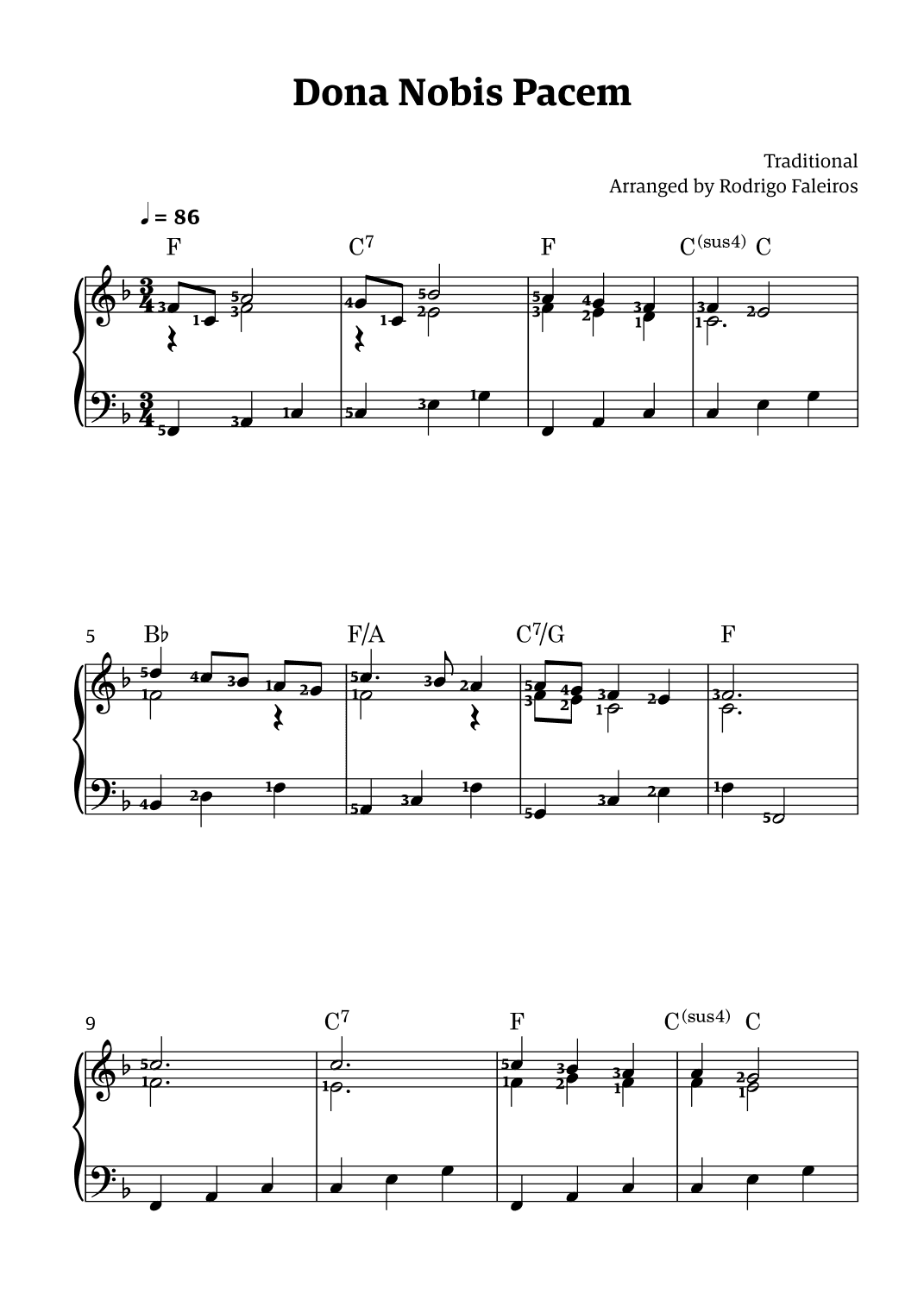 Dona Nobis Pacem - for piano (featuring chords and fingerings) (arr. Rodrigo Faleiros)