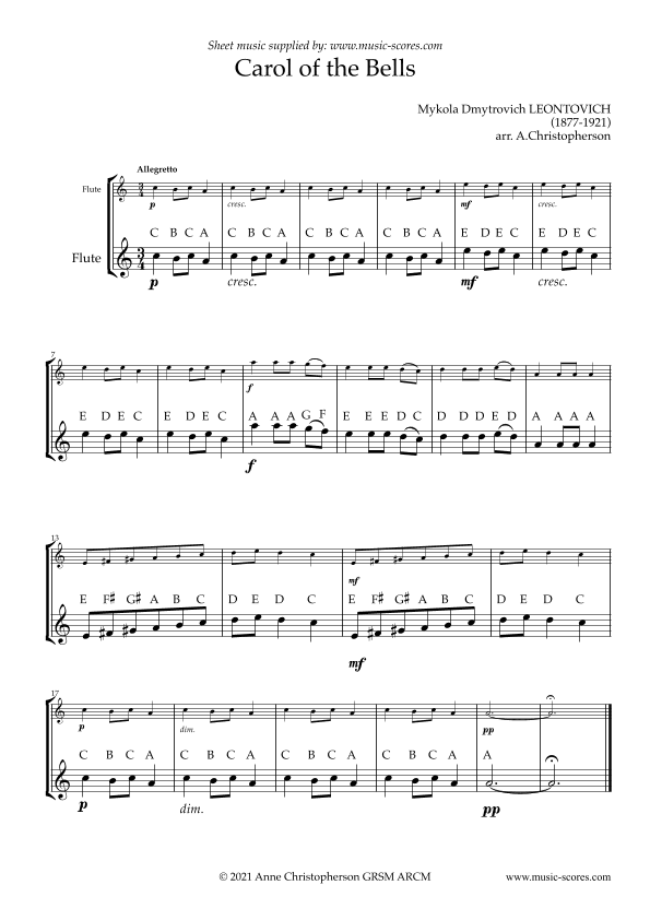 Carol of the Bells - Easy Flute with note names (arr. Anne L Christopherson GRSM ARCM)