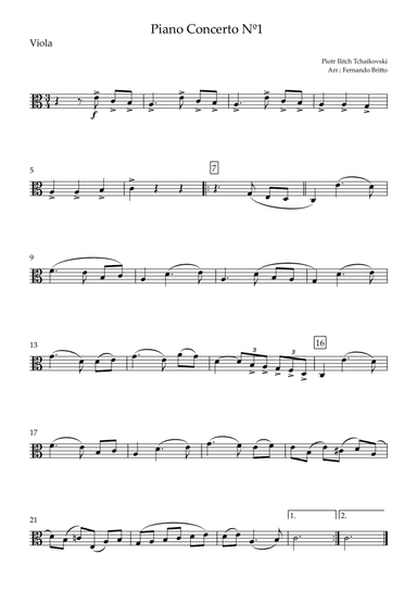 Piano Concerto Nº 1 - 1st Mov. Theme (P. Tchaikovsky) for Viola Solo (C Major) (arr. Fernando Britto)