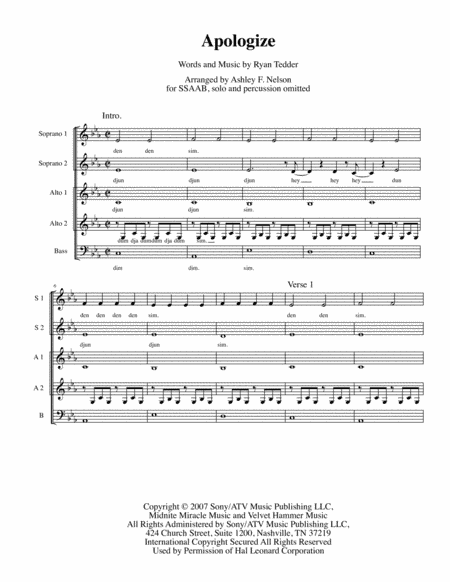 Apologize (arr. Ashley F. Nelson)