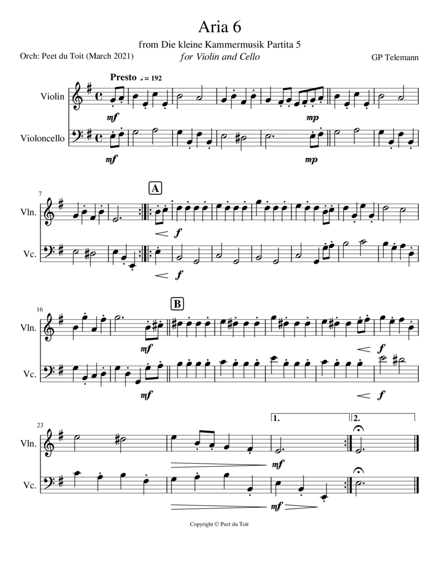 Aria 6 from Die kleine Kammermusik Partita 5 - GP Telemann (Violin & Cello) (arr. Peet du Toit)