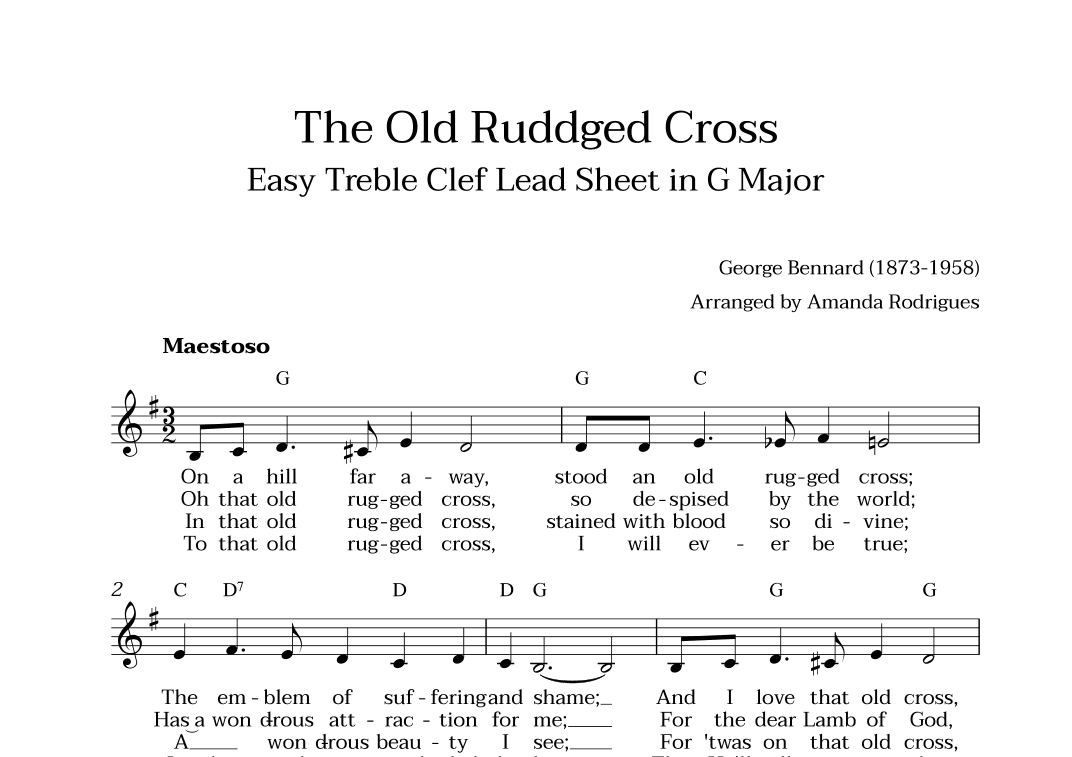 The Old Rugged Cross in G Major - Easy Treble Clef Lead Sheet (arr. Amanda Cerqueira Rodrigues)