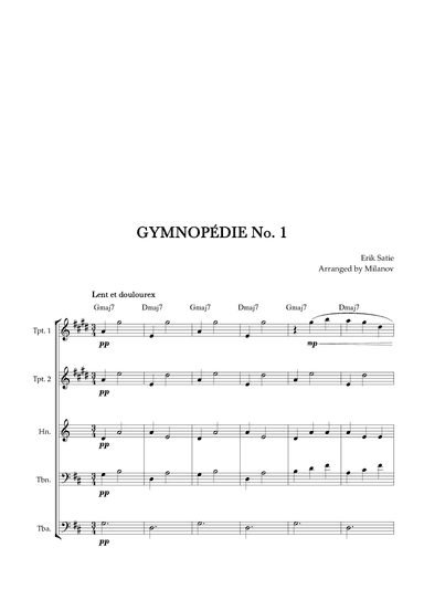 Gymnopédie no 1 | Brass Quintet | Original Key | Chords | Easy intermediate (arr. Milanov)