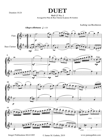 Beethoven: Duet WoO 27 No. 2 for Flute & Bass Clarinet (arr. James M. Guthrie, ASCAP)