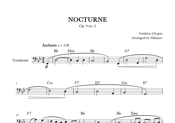 Chopin Nocturne op. 9 no. 2 | Trombone | B-flat Major | Chords | Easy beginner (arr. Milanov)