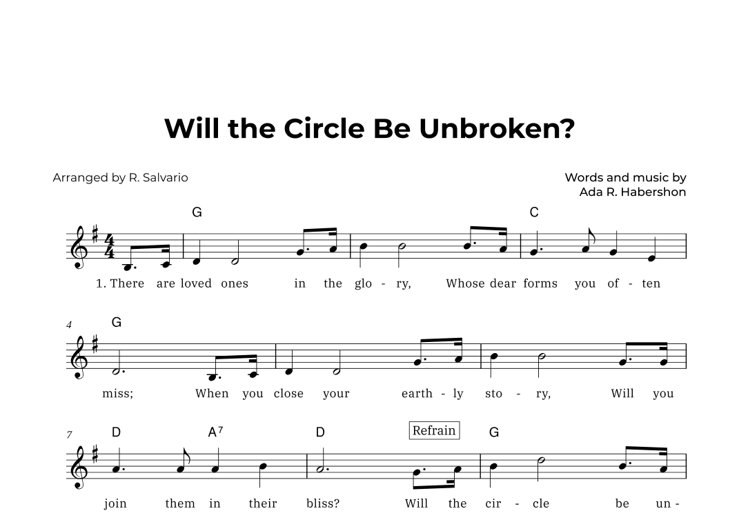 Will the Circle Be Unbroken (Key of G Major) (arr. R. Salvario)