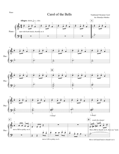 Carol of the Bells (very easy piano) (arr. Brandyn Metzko)