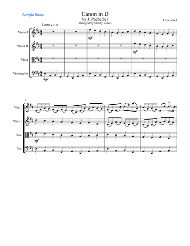 CANON IN D String Quartet, Intermediate Level for 2 violins, viola and cello (arr. Sherry Lewis)