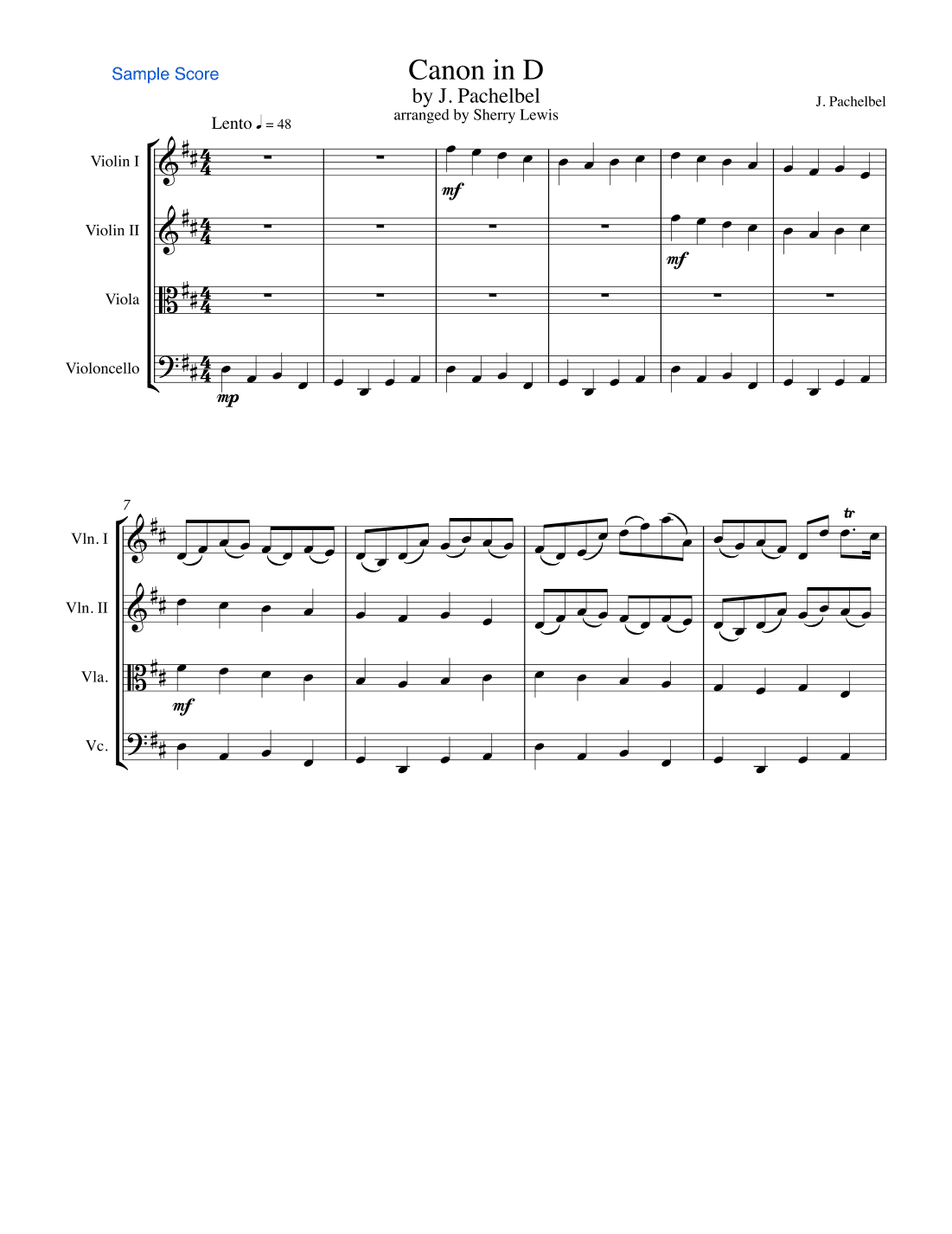 CANON IN D String Quartet, Intermediate Level for 2 violins, viola and cello (arr. Sherry Lewis)