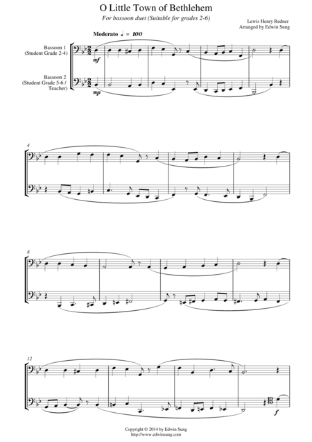 O Little Town of Bethlehem (for bassoon duet, suitable for grades 2-6) (arr. Edwin Sung)